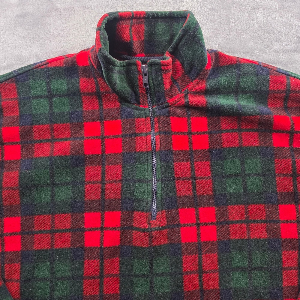 Vintage Gap Fleece Pullover M Red Green Mens 1/4 Zip Plaid Polyester Mock Neck - Picture 2 of 10